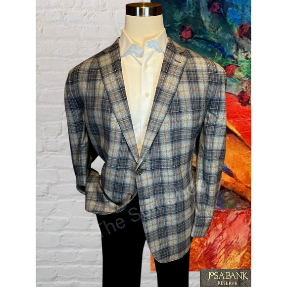 Jos. A. Bank Other - Jos A Bank Reserve Mens 52R Blue Tan Plaid Blazer Unconstructed Silk Wool
